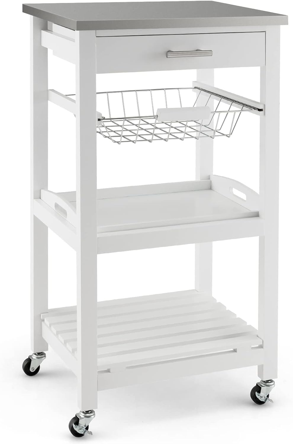 GIANTEX Küchenwagen mit Rollen, Küchenregal mit Arbeitsplatte, Servierwagen mit Schublade & Korb & T