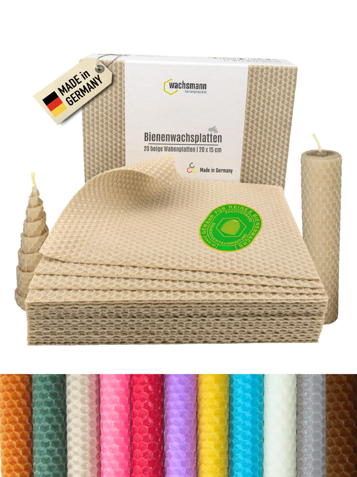 Wachsmann 20 Bienenwachsplatten aus Deutschland, beige, Wachsplatten 20 x 15 cm, Bienenwachs Kerzen
