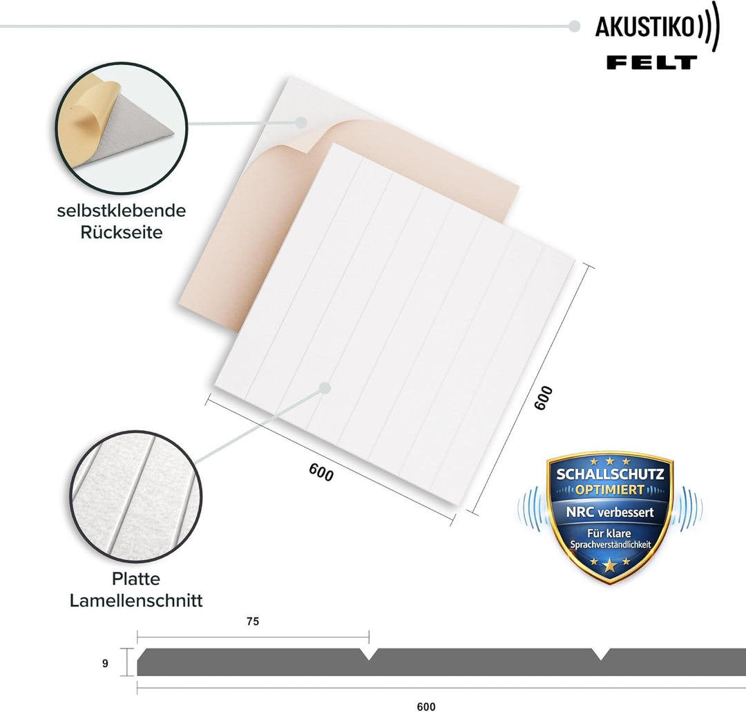 AKUSTIKO Akustikpaneele Selbstklebend 60x60cm - 4 Stück Weiss Akustik Wandpaneele Schallschutz & Rau