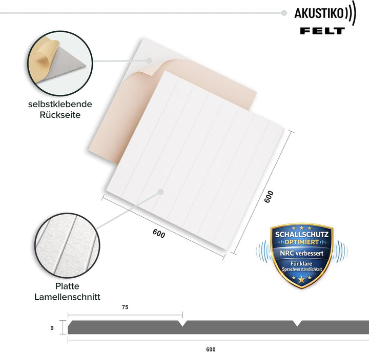 AKUSTIKO Akustikpaneele Selbstklebend 60x60cm - 4 Stück Weiss Akustik Wandpaneele Schallschutz & Rau