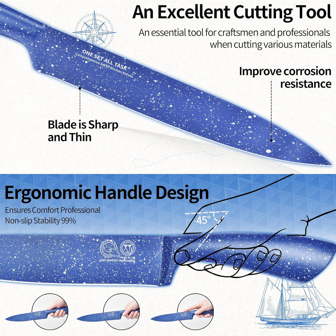 XYJ Authentic Since 1986, Kitchen Knife Block Set, Stainless Steel Knives Set With Knife Holder, Blu