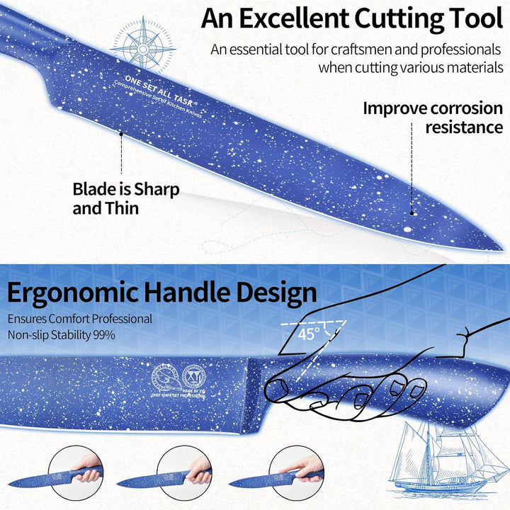 XYJ Authentic Since 1986, Kitchen Knife Block Set, Stainless Steel Knives Set With Knife Holder, Blu