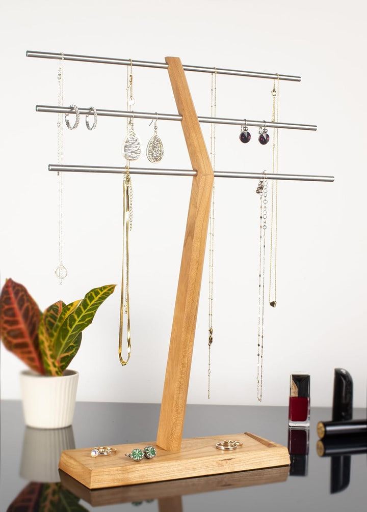 Wood and Steel Design – Schmuckbaum für Ringe, Ohrringe, Ketten, Halsketten und Armbänder, 3 Ebenen