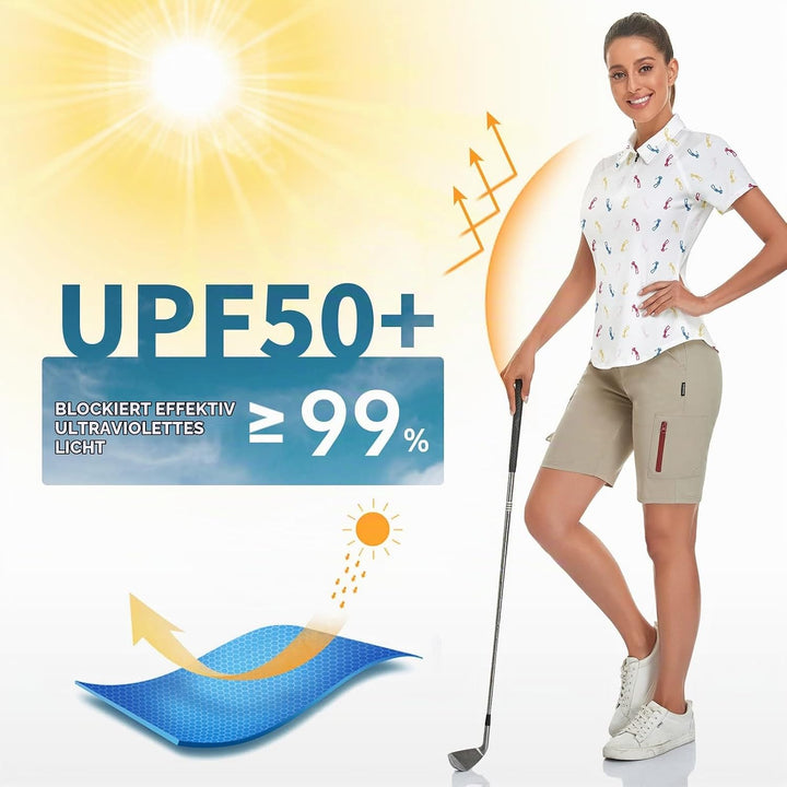 Soneven Atmungsaktiv Poloshirt Damen Kurzarm Leichtes Polohemd Sportshirt Tailliert UPF 50+ 1/4 Reis