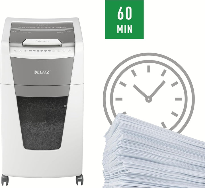 Leitz IQ Autofeed Office Partikelschnitt Aktenvernichter P4, 300 Blatt, 60l-Abfallbehälter, Weiss, 8