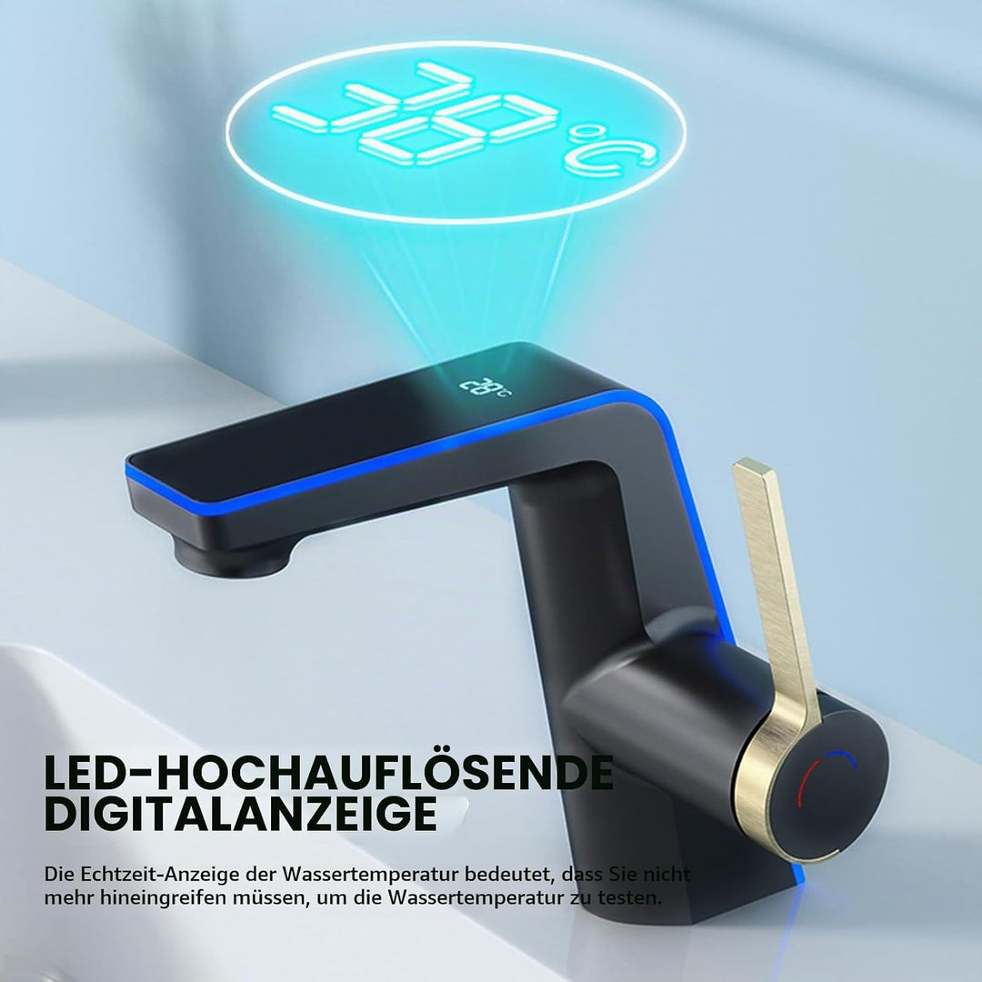 Wasserhahn Bad mit LED-Temperaturanzeige, Waschtischarmatur Badarmatur Einhebelmischer Küche Wasserh