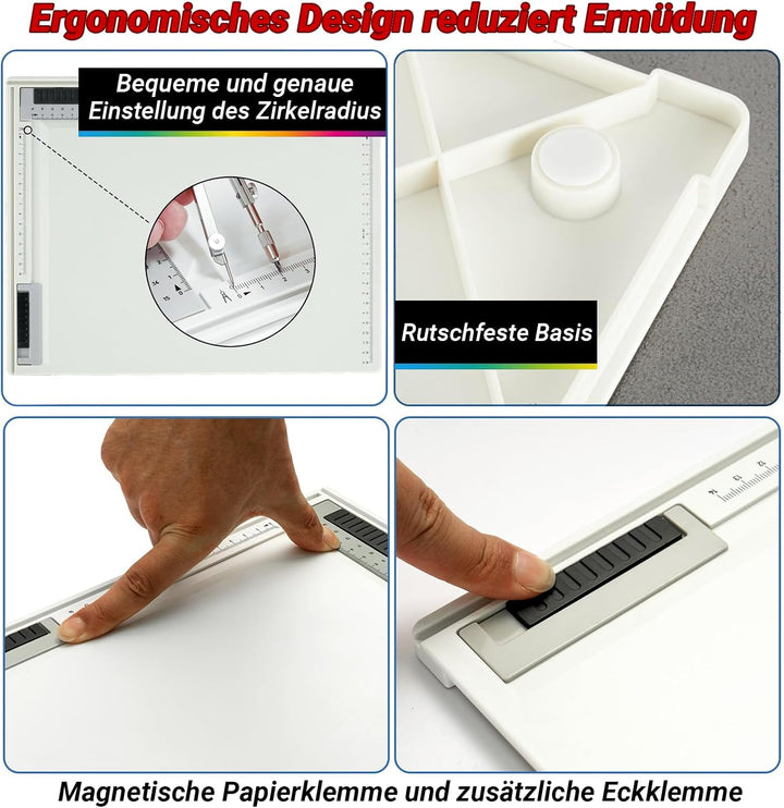 A4 Zeichenbrett, Multifunktional Geo-Board Zeichenplatte Din A4 professionell Zeichentisch mit L‑Win