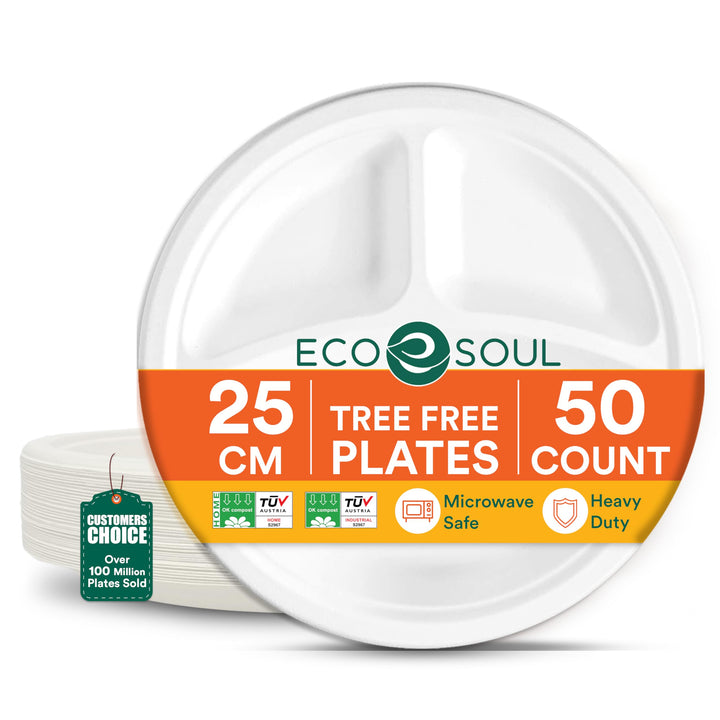 ECO SOUL 25 Cm (10 Zoll) Kompostierbare weisse Teller 3-geteilt (200 Stück) | 100% Biologisch Abbaub