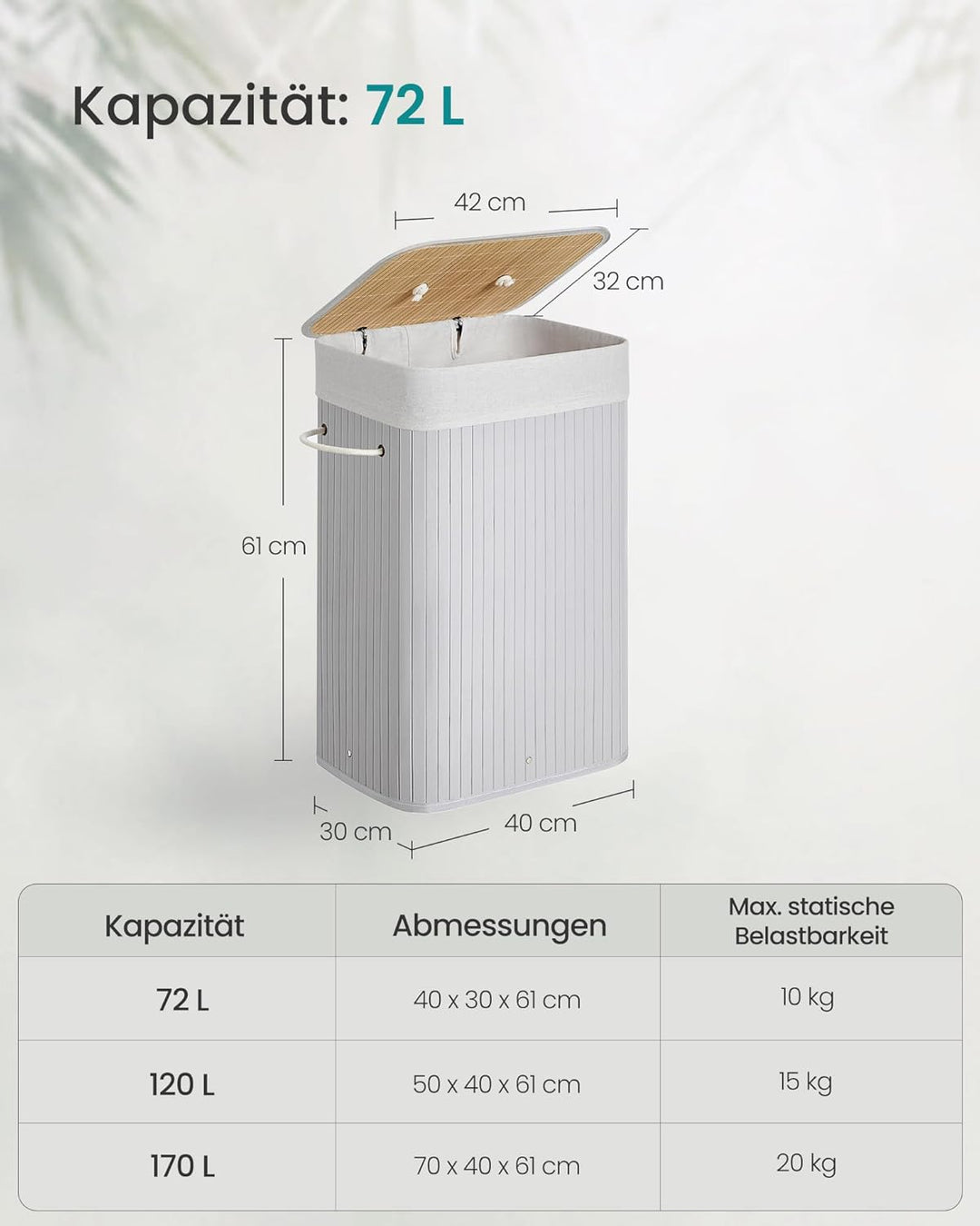 SONGMICS Wäschekorb mit Deckel, 72 Liter, Wäschesammler aus Bambus, faltbar, Wäschesack herausnehmba