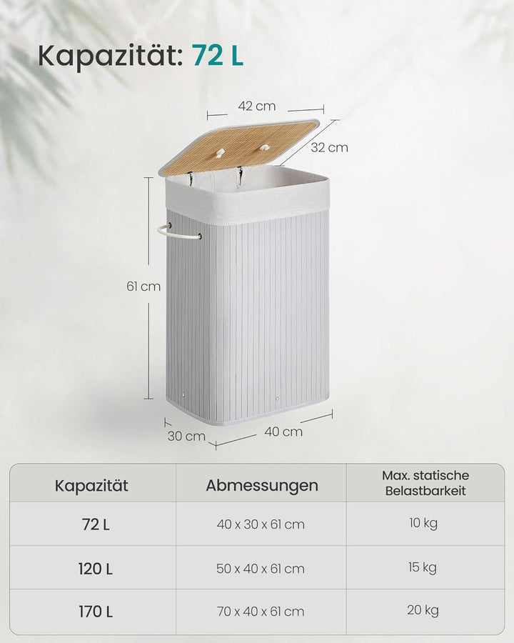 SONGMICS Wäschekorb mit Deckel, 72 Liter, Wäschesammler aus Bambus, faltbar, Wäschesack herausnehmba