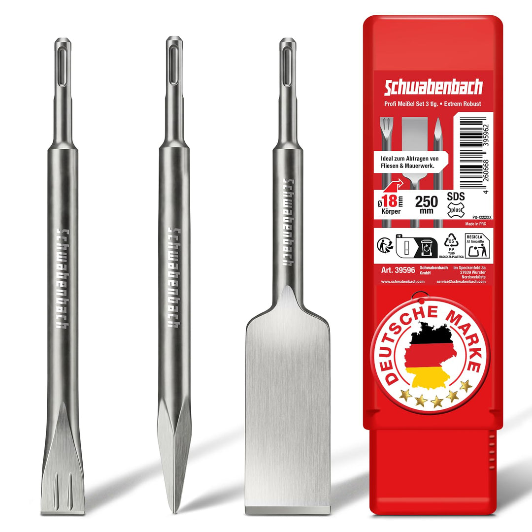 SCHWABENBACH® SDS Plus Meissel Set 3-tlg. 250mm – Fliesenmeissel 40mm extra langer Kopf, Flachmeisse