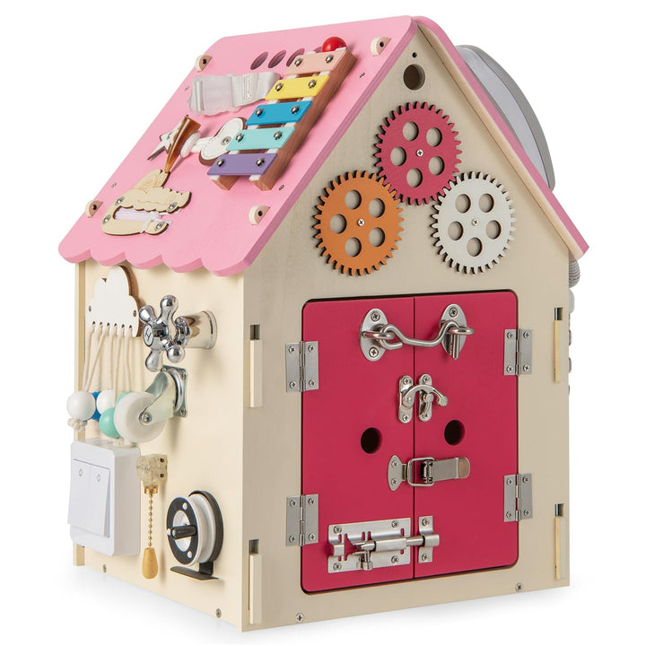 COSTWAY Kinder Spielhaus aus Holz, pädagogisches Spielzeughaus mit Sinnesspielen und Stauraum, senso
