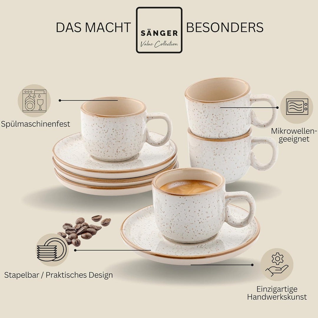SÄNGER Rio Creme | Espressotassen Set 8 teilig, Tassen Set 4 Personen, Espresso- & Mokkatassen, krat