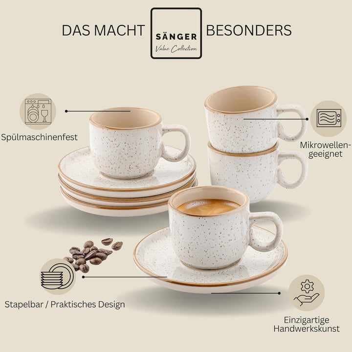 SÄNGER Rio Creme | Espressotassen Set 8 teilig, Tassen Set 4 Personen, Espresso- & Mokkatassen, krat
