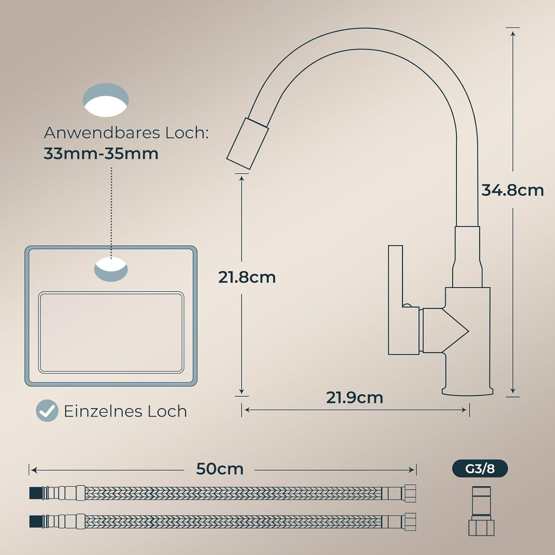 FORIOUS Flexible Wasserhahn Küche Schwarz, 360° Drehbar Küchenarmatur 1 Loch Spülenarmatur, Einhebel