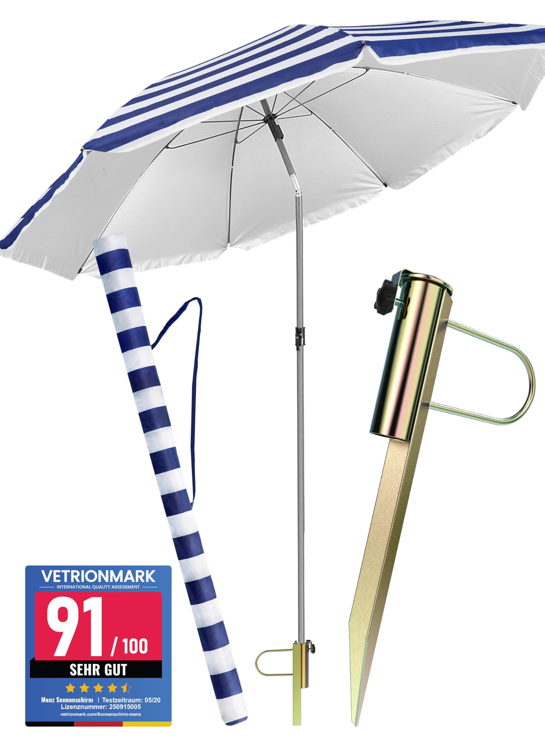 4smile Sonnenschirm Strand 3-IN-1 SET mit Rasendorn, Ø 180 cm, Blau-Weiss | Strandschirm windfest st