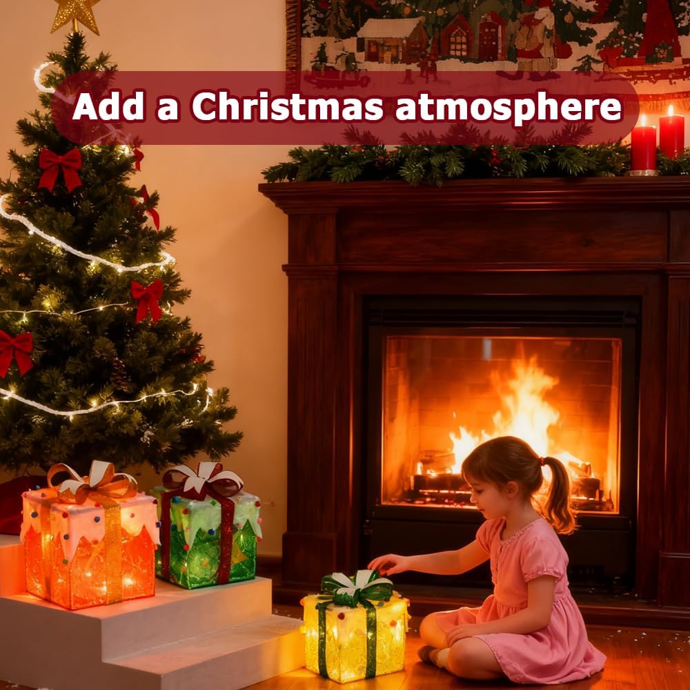 Led Geschenkbox Weihnachten mit Timer 3er Set, Led Deko Geschenke Leucht Boxen, Weihnachtsdeko Leuch