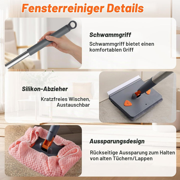 198cm Teleskop Fensterwischer, Profi Fensterputzer Set mit Abzieher,Langem Stiel Fensterreiniger mit