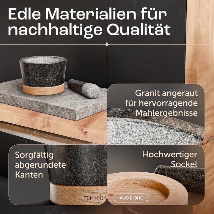 madeco Mörser mit Stössel Granit auf Holzsockel Eiche Ø 14,5 cm - Perfekt geeignet für Gewürze, Kräu