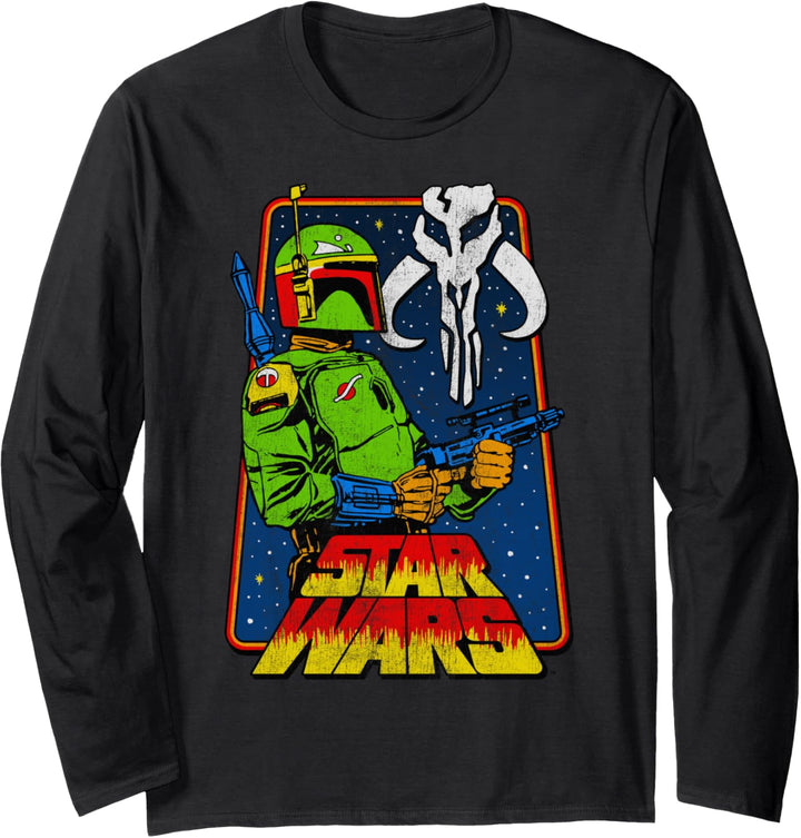 Star Wars Boba Fett Mandalorian Skull Distressed Poster Langarmshirt