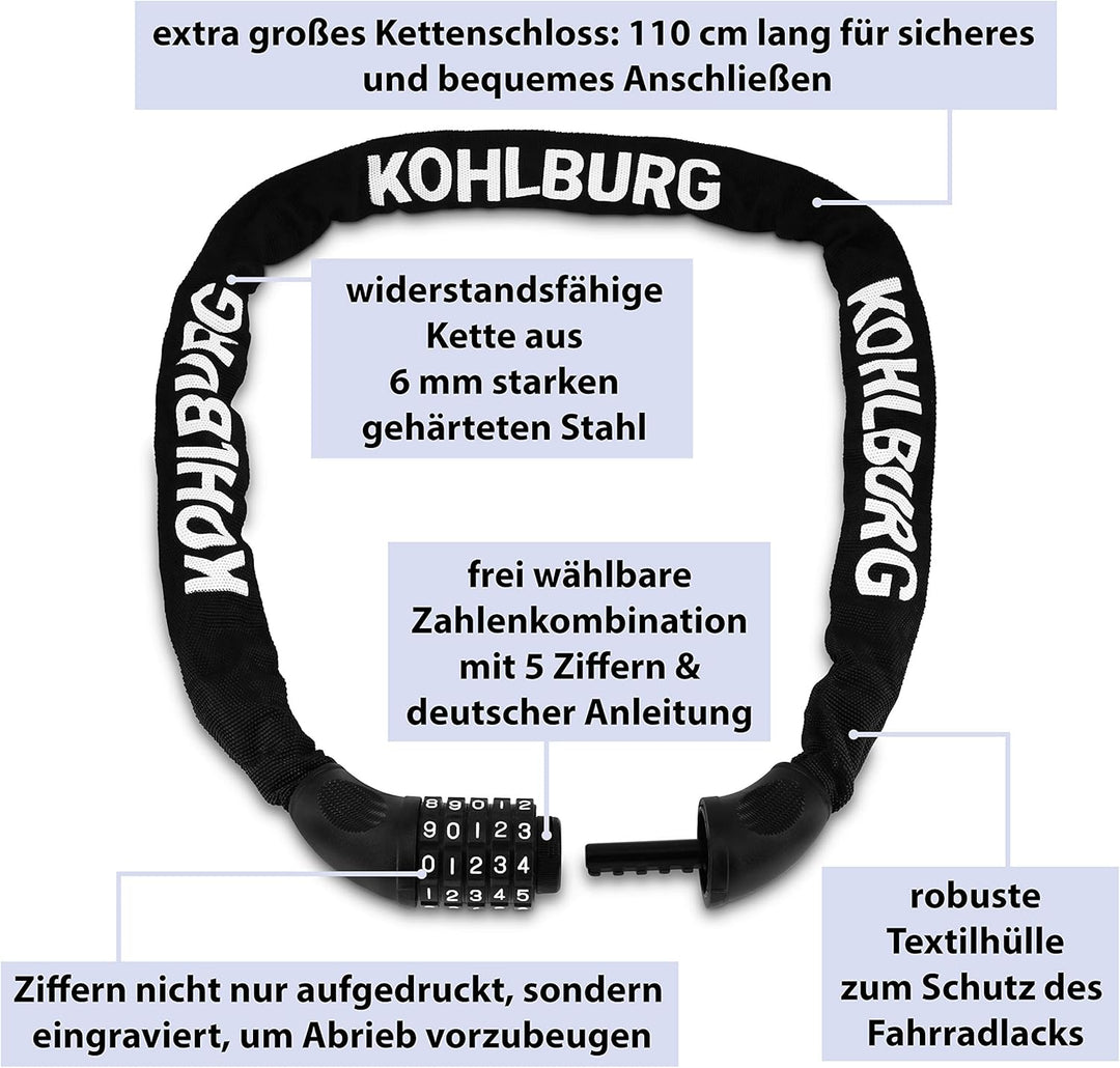 KOHLBURG sehr langes Zahlenschloss 110cm lang & 6mm stark mit Zahlencode - Kettenschloss mit Zahlenk