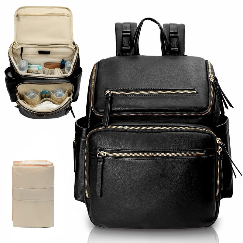 MISS FONG Baby Wickelrucksack Wickeltasche, Leder Rucksack mit Multifunktions-Babytaschen, 19 Wickel