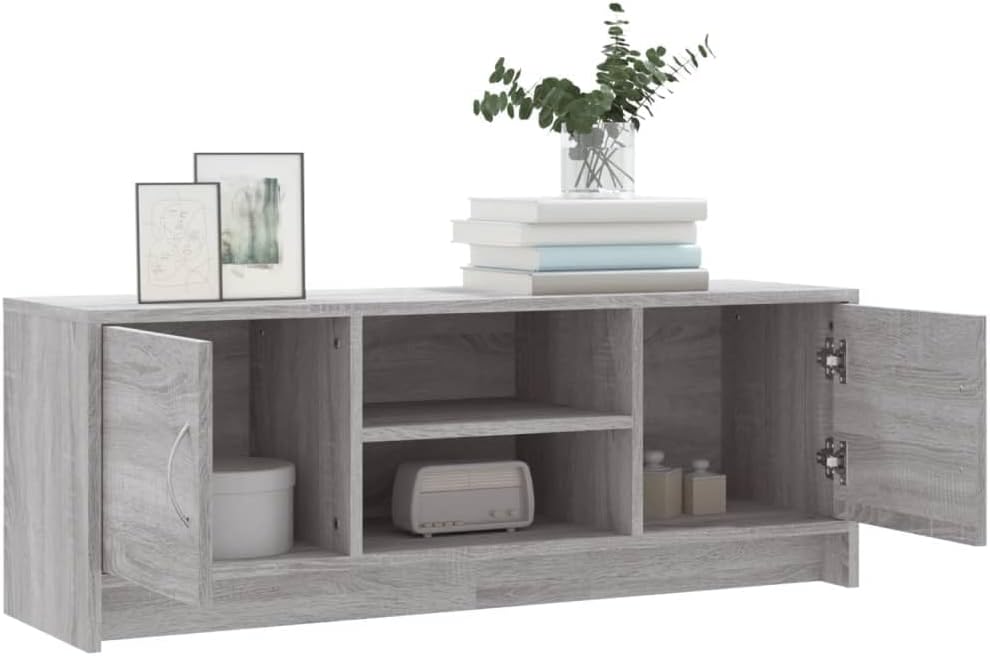 TV-Schrank Sonoma-Grau 102 x 30 x 37,5 cm aus mehrschichtigem Holz mit Türen und Ablage – Konsole fü