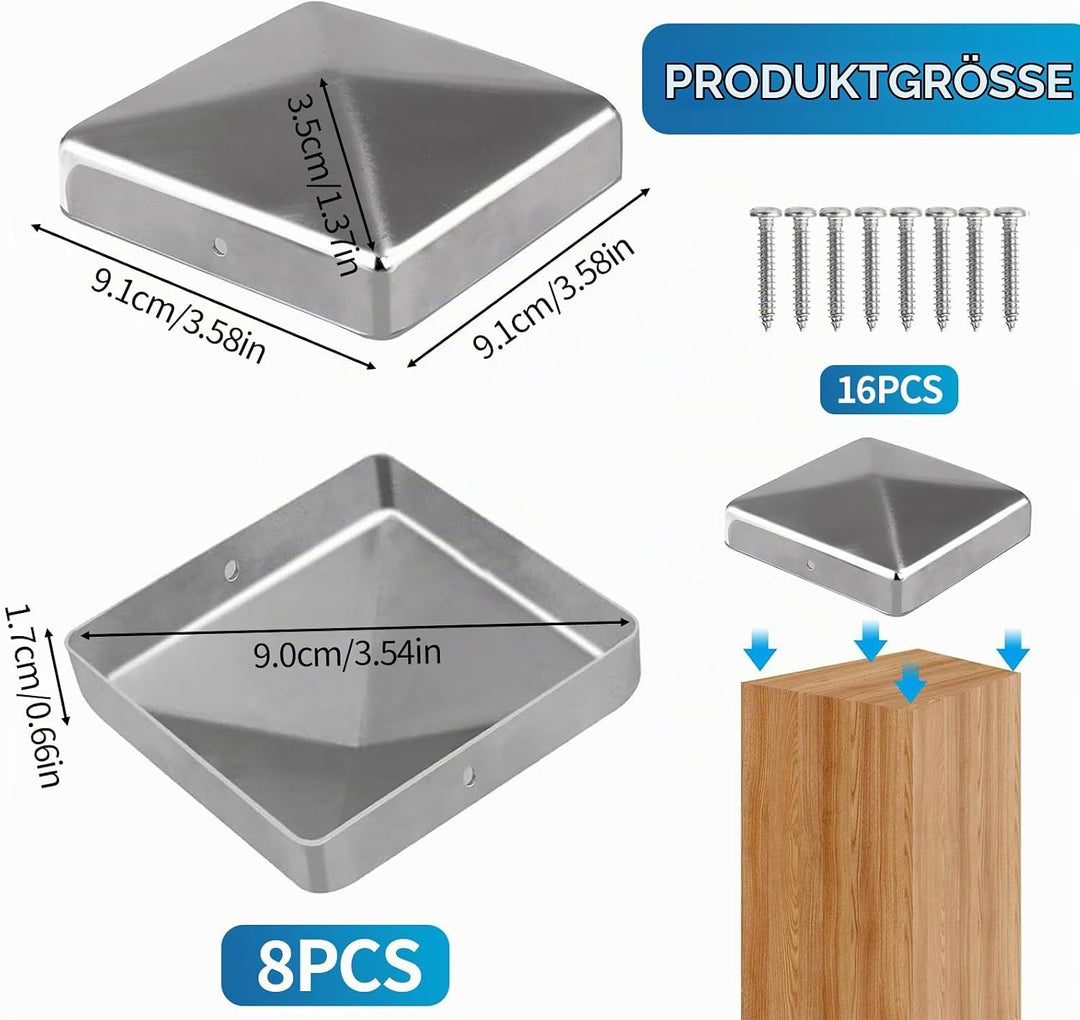 8 Stück Pfostenkappen, 9x9cm Pfostenabdeckung aus Metall Pyramidenform Zaunpfosten Kappen für Holzpf
