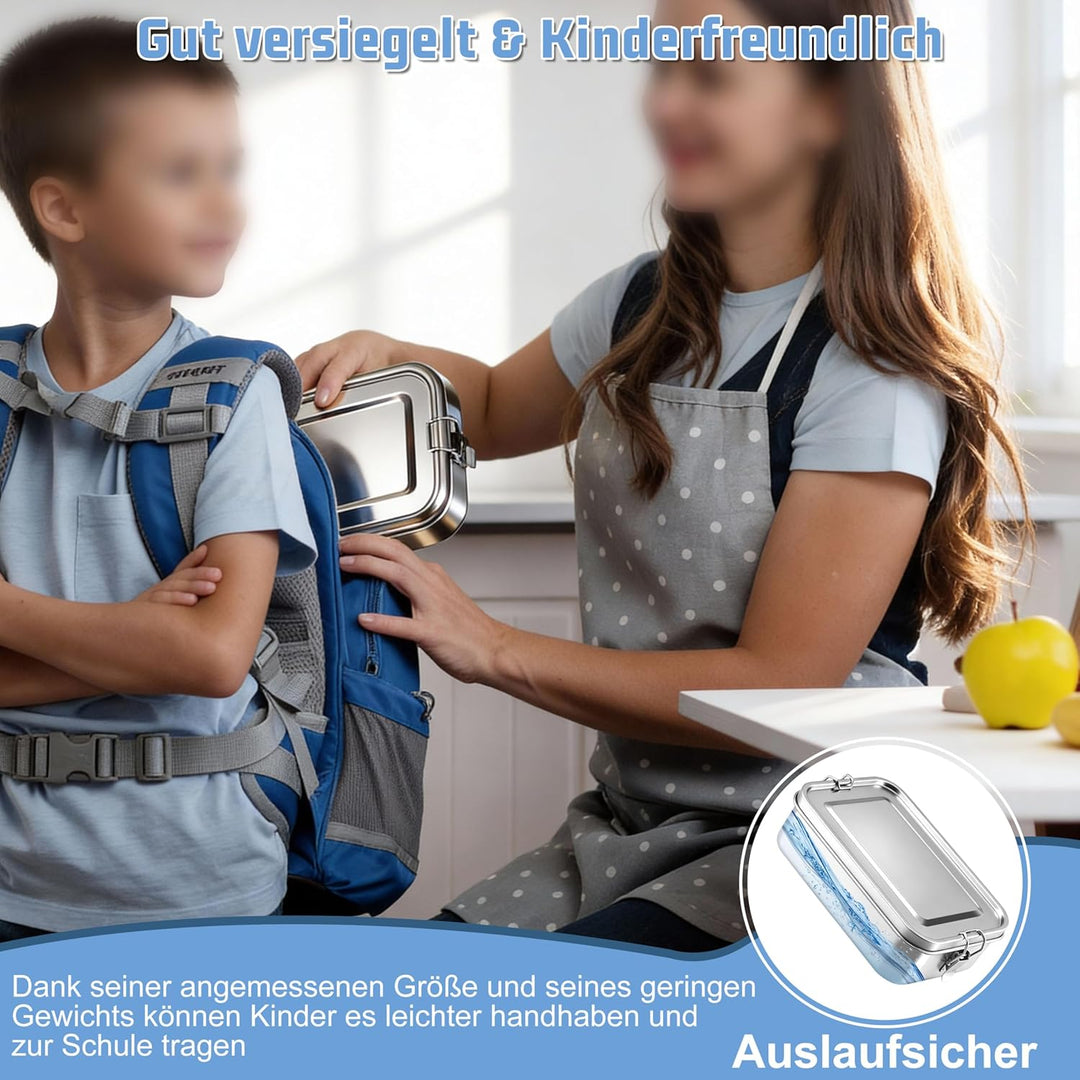 Homikit Brotdose mit Fächern 2er Set, 850ml Edelstahl Lunchbox Bento Box Erwachsene, Auslaufsicher M
