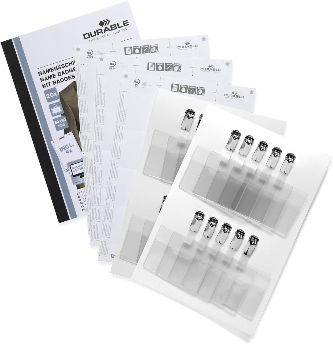 Durable Namensschilder Set, 60 x 90 mm mit Clip, inklusiv 20 Namensschilder und 4 Beschriftungsbögen