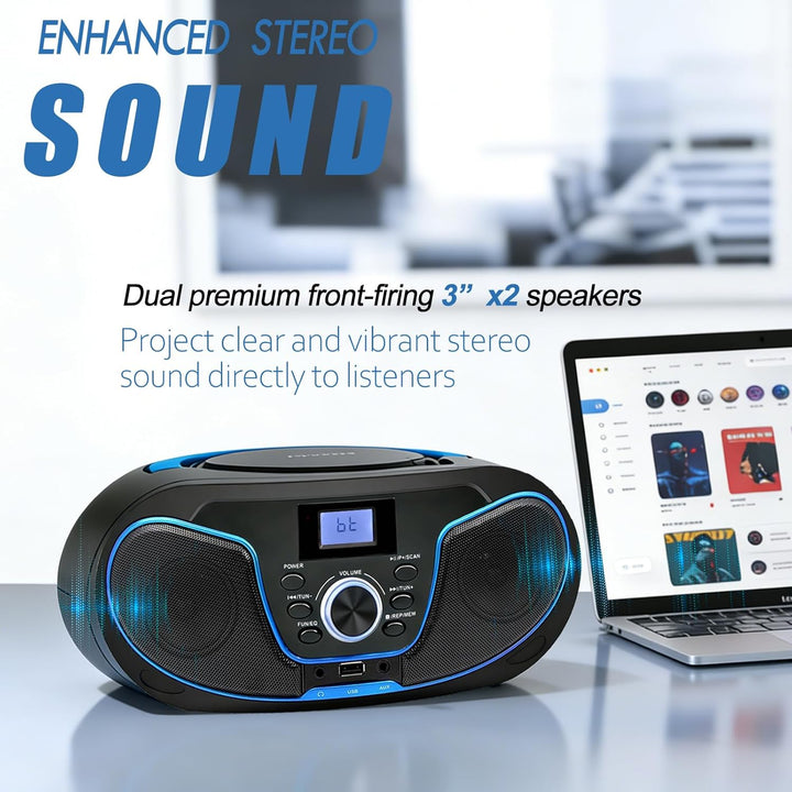 Tragbar CD Player Boombox Bluetooth - mit UKW Radio, USB Eingang & AUX & Kopfhörern Ports, 2 x 2 Wat
