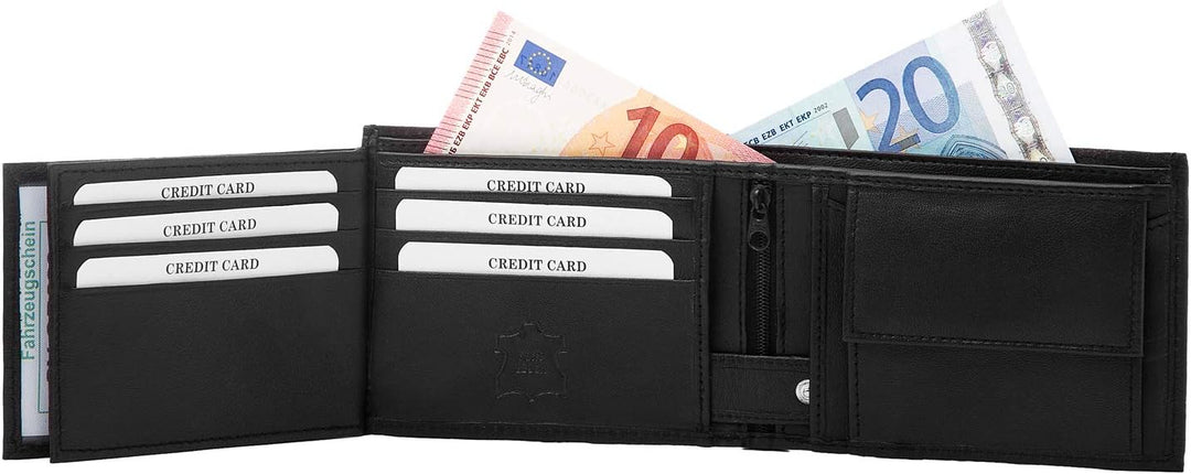 Fa.Volmer ® Herren Geldbörse aus echtem Leder im Querformat I grosses Münzfach, 8 Kartenfächer, 1 Re