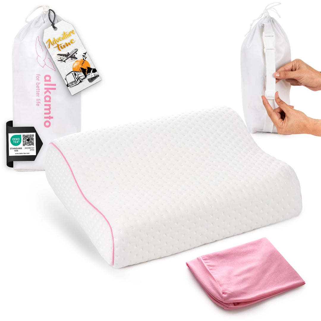 alkamto Reisekissen – Campingkissen – Ergonomisches Memory-Schaum-Kissen mit Temperaturregulierendem