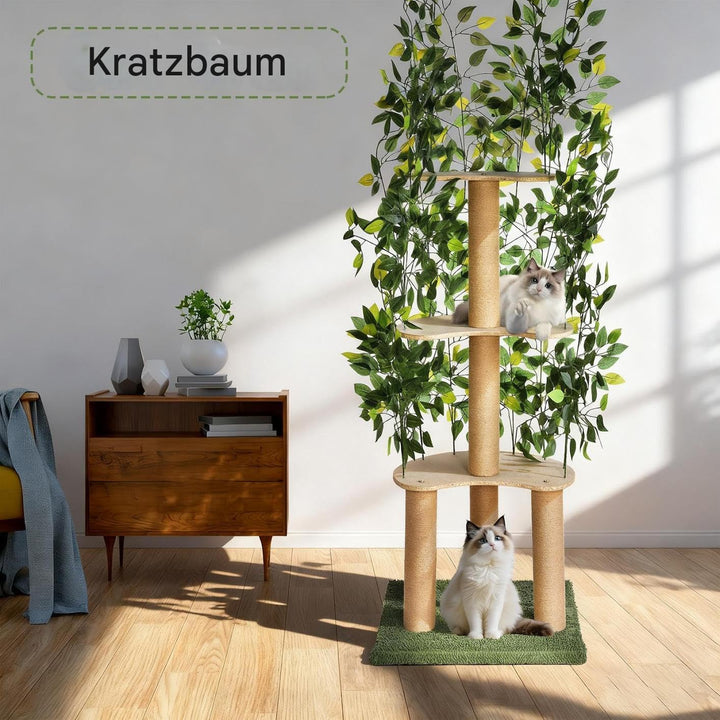 kratzbaums Mit Blättern Aus Holz – Grosser Mehrstöckiger Katzenkratzbaum Mit Sisal-Säulen, Natürlich