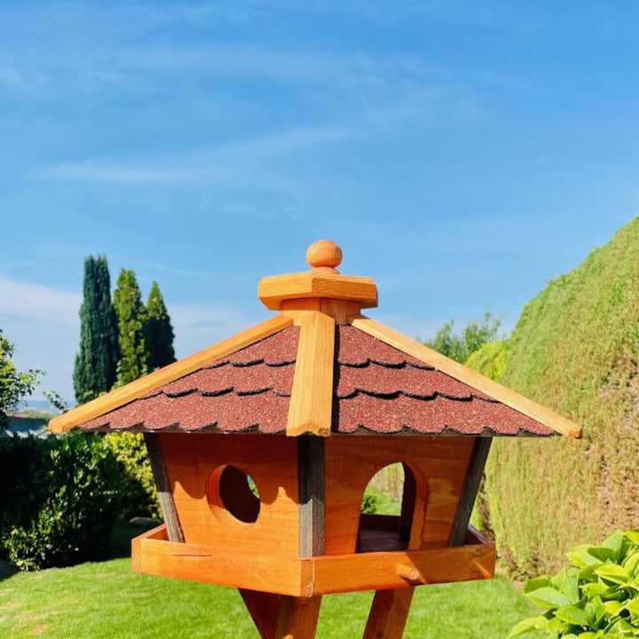 Vogel Futter Haus L oder XL Sechseck Holz Vogelhaus Futterstelle Braun/Blau, Rot, Schwarz und Grün (