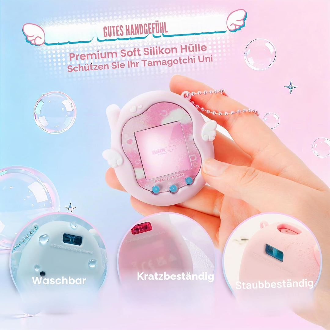 Kuitmor Süsses Engel-Flüstern Silikonhülle für Tamagotchi Uni, Ganzkörperschutz-Hülle mit Deko-Stick