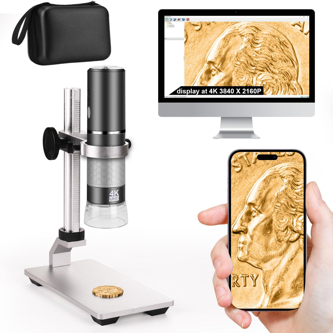 Ninyoon 4K WiFi Mikroskop mit Professionellem Ständer + Tasche für iPhone Android PC, 50-1000X Digit