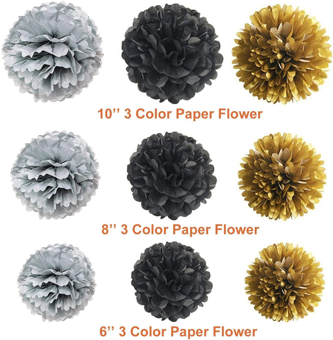 Party Dekoration Set, 57 Stück Schwarz Gold Party Deko, Luftballons, DIY Party Papier Pompoms Blumen