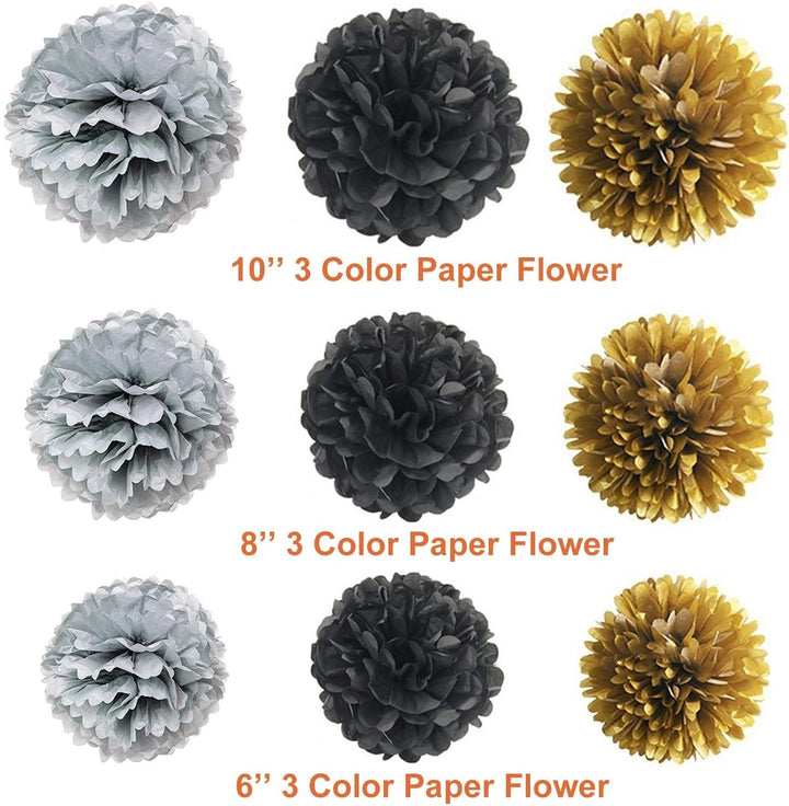 Party Dekoration Set, 57 Stück Schwarz Gold Party Deko, Luftballons, DIY Party Papier Pompoms Blumen