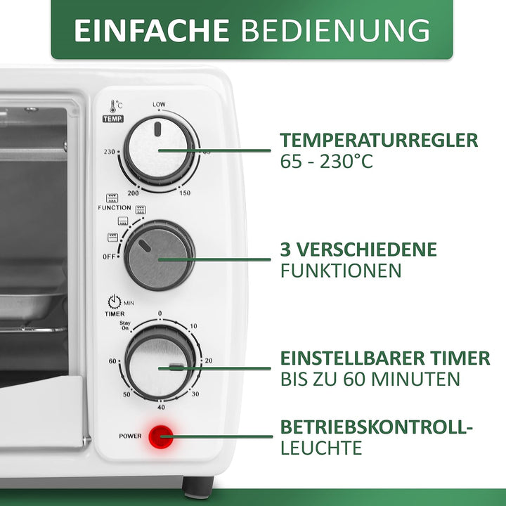 Mini Backofen 13 Liter | 1200 Watt | Pizzaofen | 65°-230°C | Timer | aufklappbares Krümelblech | Min