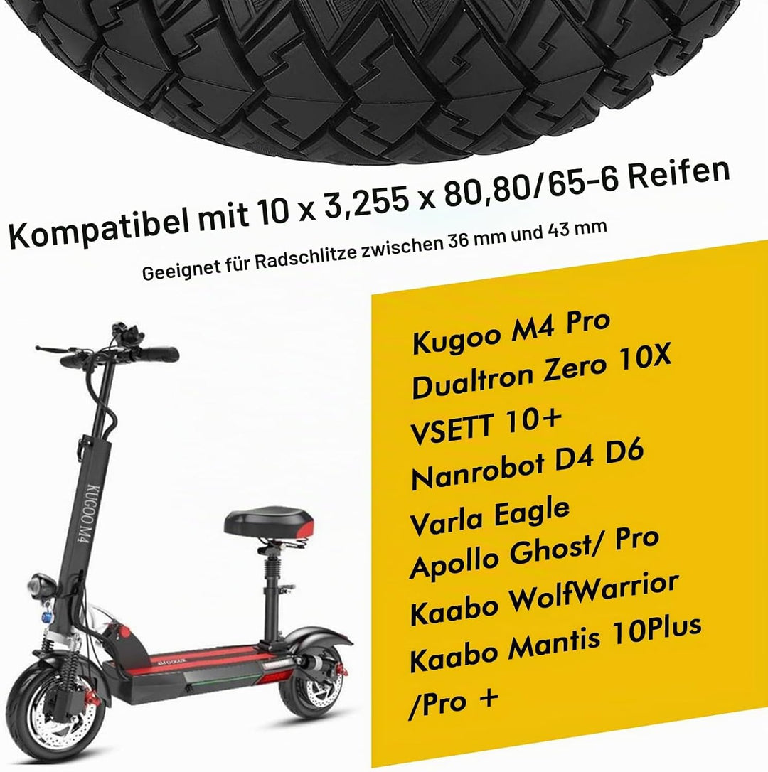 10 x 3 Zoll E Scooter Solid Reifen，255 x 80 (80/65-6) Vollgummireifen für Kukirin G3/Kaabo Wolf Warr