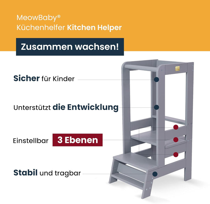 MEOWBABY Lernturm für Kinder - Baby Montessori Verstellbar Learning Tower aus Natur Holz, Kleinkind