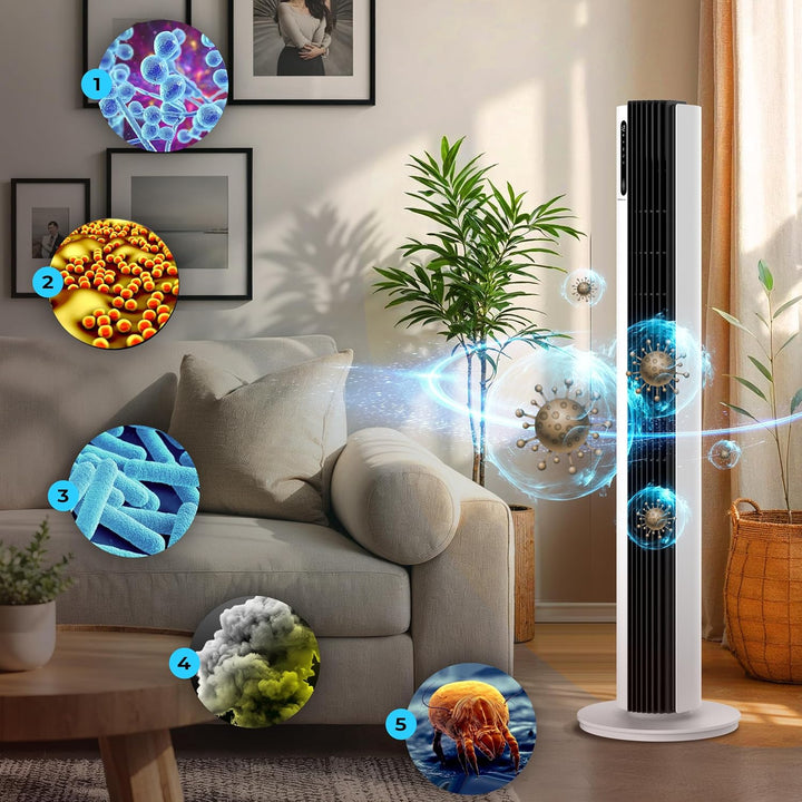 Turmventilator 110 cm PURE Plasma Ionisierung WiFi Tuya Smart Life, Energiesparender 30W DC-Motor, 1