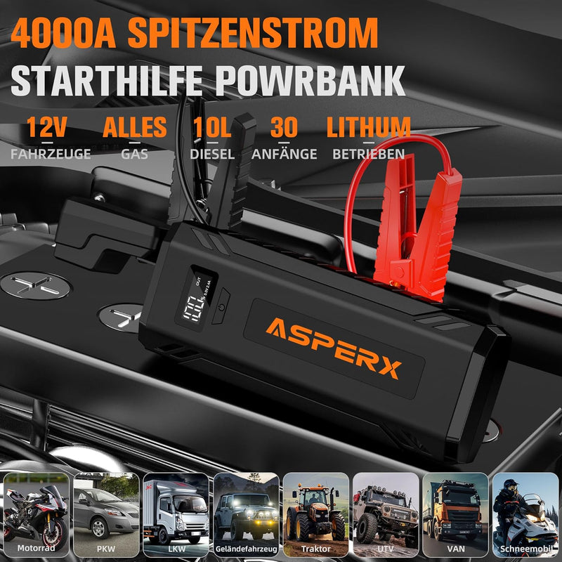 ASPERX Starthilfe Powerbank 4000A, Tragbare Auto Starthilfe für 12V-Fahrzeuge (bis zu Alle Benzin od