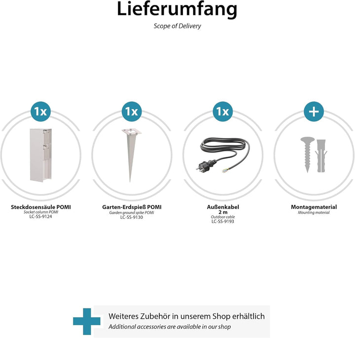 ledscom.de Garten-Steckdosen-Säule POMI mit Erdspiess und 2m Kabel für aussen, IP44, 2-Fach, Edelsta