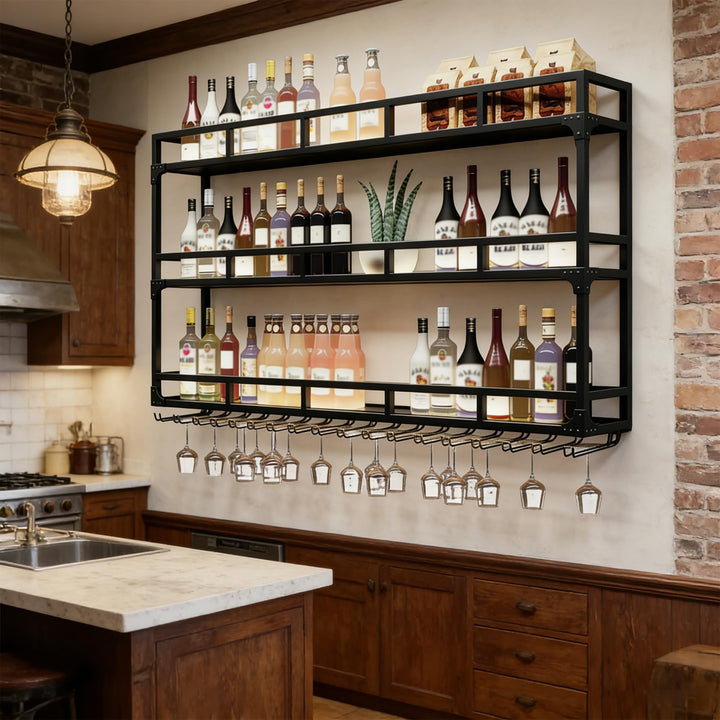 Weinregal Wand, 3 Ebenen Wand-Weinregale mit Glashalter, Multi funktionaler Weinpareite Display Rack