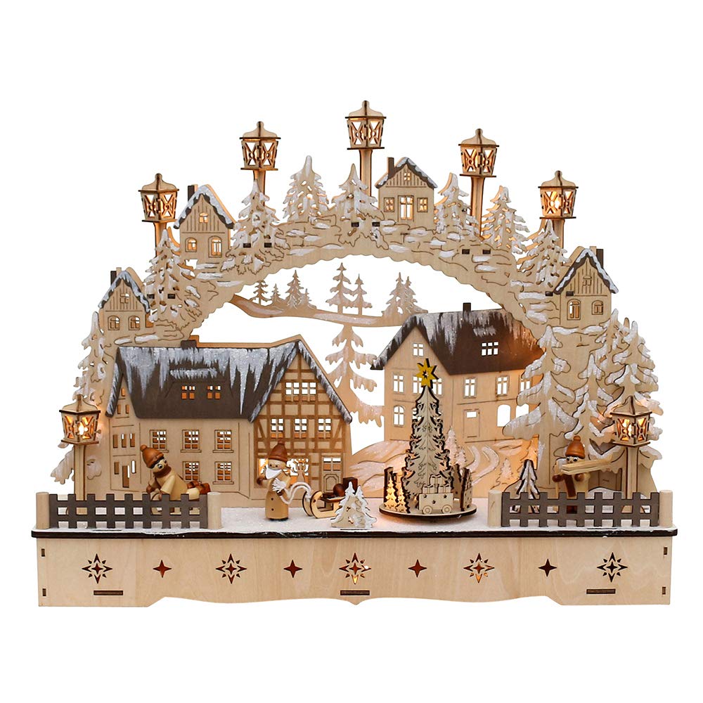 Dekohelden24 LED Holz Schwibbogen mit bewegtem Weihnachtsbaum, Motiv: Weihnachtsmann und Schneekinde