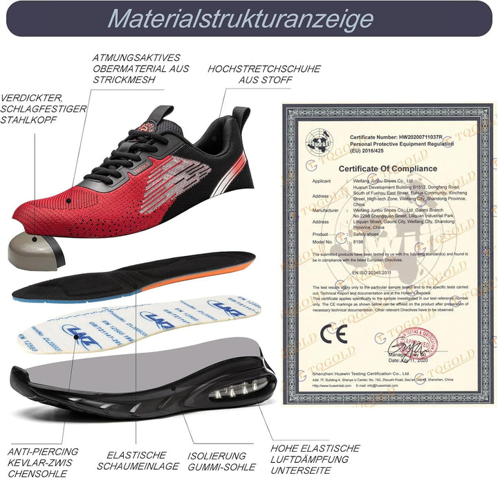 tqgold Sicherheitsschuhe Herren Damen Leicht Arbeitsschuhe Sportlich Schutzschuhe Stahlkappenschuhe