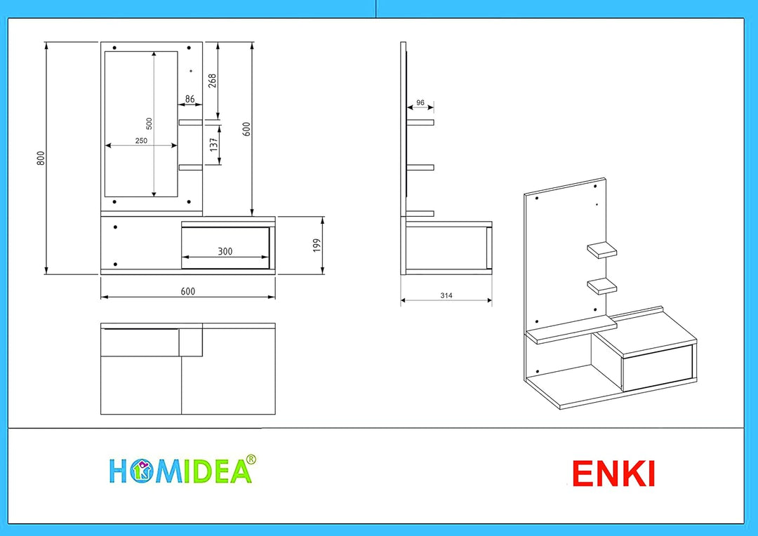 HOMIDEA ENKI Flurmöbel hängend - Spiegelschrank - Hängeschrank - Wandschrank für den Eingangsbereich