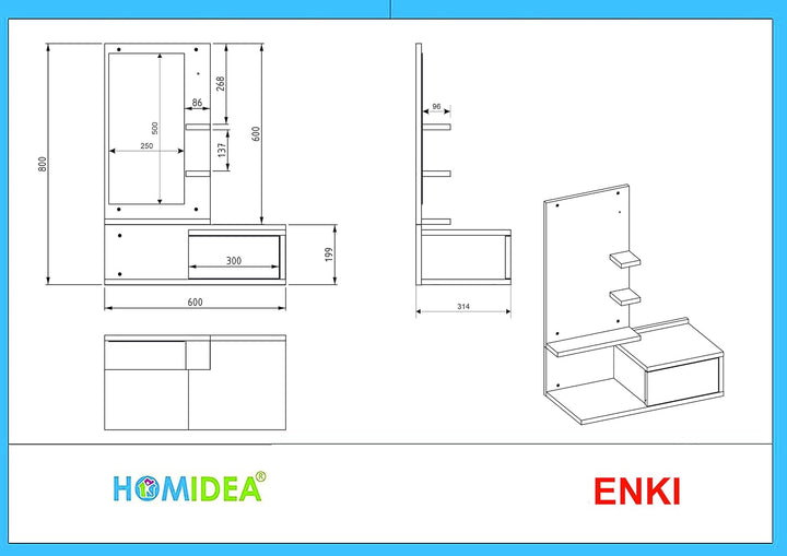 HOMIDEA ENKI Flurmöbel hängend - Spiegelschrank - Hängeschrank - Wandschrank für den Eingangsbereich